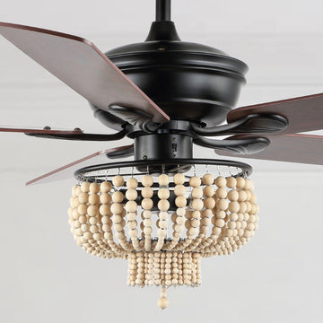 Opal 52" Farmhouse Rustic Wood Bead Shade LED Ceiling Fan With Remote - JONATHAN Y